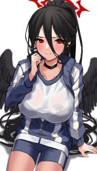 Rule 34 | 1girl, absurdres, black hair, black wings, blue archive, blue jacket, blush, breasts, choker, closed mouth, feathered wings, gym shirt, gym uniform, hair between eyes, halo, hasumi (blue archive), hasumi (track) (blue archive), high ponytail, highres, jacket, large breasts, long hair, long sleeves, looking at viewer, low wings, mole, mole under eye, official alternate costume, original, ponytail, red eyes, shirt, solo, sweat, thighs, uuroncha, very long hair, white shirt, wings