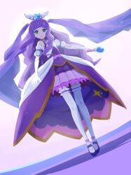 Rule 34 | 1girl, 32zzz, bridal garter, closed mouth, cure majesty, detached sleeves, dress, dutch angle, elbow gloves, frilled skirt, frills, full body, gloves, green eyes, hair ornament, heart, heart hair ornament, highres, hirogaru sky! precure, holding, holding scepter, layered dress, long hair, pleated skirt, precure, purple dress, purple hair, scepter, short sleeves, skirt, sleeveless, sleeveless dress, solo, thighhighs, two-tone skirt, two side up, very long hair, white dress, white gloves, white thighhighs, wing hair ornament