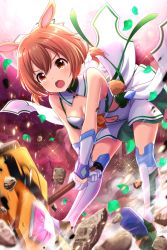 Rule 34 | 1girl, alternative girls, animal ears, breasts, brown eyes, brown hair, cleavage, full moon, gloves, hammer, highres, holding, holding hammer, momoi hina, moon, official art, open mouth, petals, rabbit ears, rabbit tail, red moon, red sky, short hair, sky, solo, tail, white footwear, white legwear
