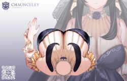 Rule 34 | 1girl, absurdres, artist name, bare shoulders, black dress, breasts, chaunceley, choker, cleavage, dress, flower, flower choker, frilled sleeves, frills, from above, head out of frame, highres, indie virtual youtuber, kat (vtuber), large breasts, mole, mole on breast, off-shoulder dress, off shoulder, purple flower, purple rose, qr code, rose, see-through, see-through cleavage, sidelocks, solo, upper body, virtual youtuber, white choker
