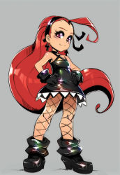 Rule 34 | + +, 1girl, ahoge, black dress, black gloves, boots, choker, cross, cross earrings, dress, earrings, fishnet pantyhose, fishnets, frills, gloves, goth fashion, grey background, hairband, hands on own hips, highres, jewelry, long hair, maniacpaint, original, pantyhose, red eyes, red hair, short dress, simple background, smile, solo, very long hair