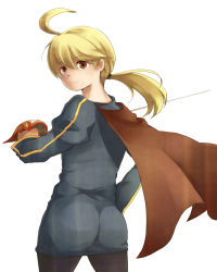 Rule 34 | 1boy, ahoge, ass, blonde hair, cape, cowboy shot, final fantasy, final fantasy tactics, from behind, gloves, holding, holding sword, holding weapon, long hair, looking at viewer, looking back, male focus, ramza beoulve, rapier, solo, standing, sword, tarai (yamadarairai), weapon, white background