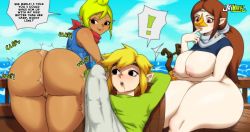 Rule 34 | 1boy, 2girls, ass, beak, blonde hair, breasts, brown hair, bulge, cleft of venus, english text, erection, erection under clothes, highres, huge ass, huge breasts, jay-marvel, large breasts, link, looking at penis, medli, multiple girls, nintendo, outdoors, penis awe, pointy ears, pussy, red eyes, ship, sitting, source request, tetra, the legend of zelda, the legend of zelda: the wind waker, thick thighs, thighs, uncensored, watercraft, wide hips
