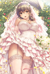 Rule 34 | 1girl, akagi mio, bare shoulders, blush, boku to nurse no kenshuu nisshi, bouquet, breasts, bridal veil, brown eyes, brown hair, cameltoe, cleavage, clothes lift, dress, dress lift, earrings, elbow gloves, falling petals, floral dress, floral print, flower, from below, garter belt, gloves, hair flower, hair ornament, hair tie, highres, holding, holding bouquet, jewelry, large breasts, looking at viewer, monety, necklace, open mouth, panties, pearl necklace, petals, pink panties, ribbon, skirt, solo, thighhighs, tight clothes, underwear, veil, wedding dress, white flower