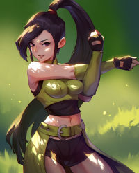 Rule 34 | 1girl, bare shoulders, belt, belt buckle, black gloves, black hair, buckle, dragon quest, dragon quest xi, gloves, green belt, highres, jiro (ninetysix), long hair, martina (dq11), navel, parted lips, ponytail, purple eyes, smile, solo, stretching, very long hair