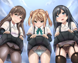 Rule 34 | 10s, 3girls, arashio (kancolle), asashio (kancolle), black legwear, black panties, black skirt, blue sky, blush, bow, bow panties, brown eyes, brown hair, closed mouth, clothes lift, cloud, cowboy shot, day, female focus, garter straps, gluteal fold, highres, kantai collection, lifted by self, long hair, looking at viewer, michishio (kancolle), multiple girls, open mouth, outdoors, panties, panties under pantyhose, pantyhose, rihitozoire, shiny skin, short sleeves, skirt, skirt lift, sky, standing, suspenders, thighhighs, twintails, underwear