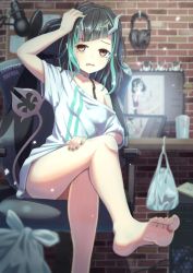 Rule 34 | 1girl, nanashi inc., bag, bags under eyes, bare legs, barefoot, black hair, blue hair, blue nails, breasts, brick wall, chair, character doll, commentary request, computer, crossed legs, demon girl, demon horns, demon tail, drawing tablet, fang, feet, foot out of frame, grey choker, hand on own head, headphones, headphones removed, highres, horns, indoors, kojo anna, looking at viewer, medium hair, microphone, monitor, multicolored hair, nail polish, off shoulder, office chair, open mouth, plastic bag, pointy ears, red eyes, russian text, ryugasaki rene, shirt, shishio chris, short sleeves, sitting, small breasts, soles, solo, sone (cortisone), standing, sugar lyric, swivel chair, table, tail, translated, two-tone hair, virtual youtuber, white shirt