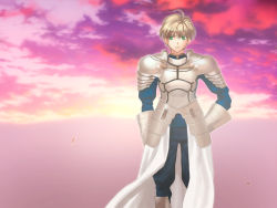 Rule 34 | 1boy, ahoge, archetype saber, armor, arthur pendragon (fate), blonde hair, cloud, fate/prototype, fate/stay night, fate (series), green eyes, horizon, looking at viewer, male focus, parody, prototype design, saver (fate/prototype), short hair, sky, solo, standing, sunset, yeichi