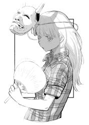 Rule 34 | absurdres, artist request, collared shirt, expressionless, fanning, fanning face, fanning self, greyscale, hand fan, hata no kokoro, highres, holding, holding fan, long hair, mask, mask on head, monochrome, oni mask, plaid, plaid shirt, shirt, sleeves rolled up, sweat, touhou, upper body, white background