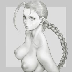 Rule 34 | 1girl, ahoge, antenna hair, braid, breasts, cammy white, cleavage, closed mouth, collarbone, commentary, commentary request, facial scar, greyscale, long hair, looking at viewer, medium breasts, monochrome, nipples, nude, scar, scar on cheek, scar on face, shu-mai, sideways glance, simple background, solo, street fighter, street fighter ii (series), twin braids, upper body, white background