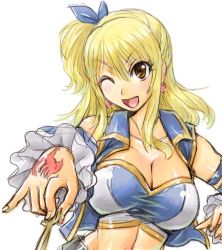 Rule 34 | 1girl, amania orz, blonde hair, breasts, cleavage, detached sleeves, fairy tail, female focus, key, large breasts, looking at viewer, lucy heartfilia, midriff, one eye closed, open mouth, ponytail, shiny skin, solo, tattoo, white background, wink