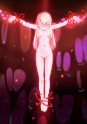 Rule 34 | absurdres, completely nude, crucifixion, fate/stay night, fate (series), highres, illyasviel von einzbern, missil art (pixiv), nude, restrained, stationary restraints, unconscious, white hair