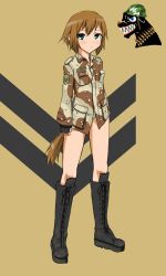 Rule 34 | 1girl, bad id, bad pixiv id, boots, brown hair, camouflage, dakku (ogitsune), fingerless gloves, gloves, green eyes, high boots, knee boots, military, military uniform, no pants, original, panties, solo, strike witches, strike witches 1991, underwear, uniform, world witches series
