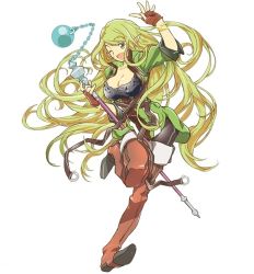 Rule 34 | 10s, 1girl, boots, breasts, brown footwear, brown gloves, brown thighhighs, cleavage, fingerless gloves, floating hair, full body, gloves, green eyes, green hair, hara kazuhiro, holding, holding staff, large breasts, leg up, log horizon, long hair, marielle (log horizon), official art, one eye closed, open mouth, pointy ears, simple background, solo, staf, staff, standing, thigh boots, thighhighs, very long hair, white background