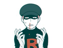Rule 34 | 1boy, black jacket, blood, blood on face, commentary request, creatures (company), frown, game freak, gloves, green hat, hands up, hat, jacket, jaho, logo, male focus, nintendo, parted lips, pokemon, pokemon hgss, red eyes, shaded face, short hair, solo, team rocket, team rocket grunt, team rocket uniform, upper body, white background