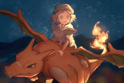 Rule 34 | 1girl, :d, brown eyes, brown hair, charizard, commentary request, creatures (company), fire, fire, flame-tipped tail, game freak, gen 1 pokemon, green headwear, hat, long sleeves, looking down, medium hair, nidoran, nidoran (male), night, nintendo, open mouth, outdoors, pokemon, pokemon (anime), pokemon (creature), poketoon, riding, riding pokemon, shoes, sitting, sky, smile, star (sky), takeda (kanaria09), tongue, blossom (pokemon)