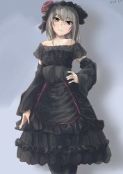 Rule 34 | 10s, 1girl, absurdres, alternate costume, artist name, bare shoulders, black dress, black pantyhose, blue eyes, closed mouth, commentary, detached sleeves, dress, flower, frilled dress, frilled hairband, frills, girls und panzer, gothic lolita, grey hair, hair flower, hair ornament, hairband, hand on own hip, head tilt, highres, itsumi erika, kakimoto nao, layered dress, lolita fashion, lolita hairband, long hair, looking at viewer, medium dress, off-shoulder dress, off shoulder, pantyhose, red flower, red rose, rose, signature, smile, solo, standing, wide sleeves