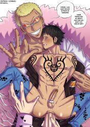 Rule 34 | 3boys, abs, anal, ass, black hair, blonde hair, blue pants, blush, chest tattoo, clone, coat, crying, denim, donquixote doflamingo, donquixote rocinante, earrings, english text, erection, evil smile, facial hair, goatee, group sex, height difference, highres, ito ito no mi, jeans, jewelry, large penis, long sleeves, male focus, male penetrated, multiple boys, muscular, muscular male, navel, nipples, one piece, pants, pectorals, penis, pink coat, sex, shoes, short hair, shoulder tattoo, size difference, smile, speech bubble, spread legs, starmiu, sunglasses, tattoo, teeth, testicles, thread, threesome, torn clothes, torn pants, trafalgar law, trembling, yaoi