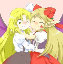 Rule 34 | 2girls, ;d, ^ ^, bat wings, black skirt, blonde hair, bow, closed eyes, closed mouth, elis (touhou), facial mark, facing another, flower, hair bow, hair flower, hair ornament, hair ribbon, hug, kurumi (touhou), long hair, long pointy ears, multiple girls, nonamejd, official style, one eye closed, open mouth, pointy ears, puffy short sleeves, puffy sleeves, purple wings, red bow, red flower, red skirt, ribbon, shirt, short sleeves, skirt, smile, star (symbol), star facial mark, suspender skirt, suspenders, touhou, touhou (pc-98), very long hair, white ribbon, white shirt, wings, yellow eyes, zun (style)