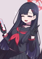 Rule 34 | black hair, blue archive, breasts, cellphone, choker, gloves, grey background, grey eyes, hair ornament, hairclip, halo, hanauna, heart, highres, holding, holding phone, ichika (blue archive), long hair, medium breasts, one eye closed, open mouth, phone, pleated skirt, school uniform, simple background, skirt, smile, w