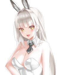 Rule 34 | 1girl, :d, animal ears, ascot, bare shoulders, black ascot, blanc (nikke), blunt bangs, blush, breasts, cleavage, collarbone, detached collar, fake animal ears, fang, goddess of victory: nikke, hair intakes, highres, leotard, long hair, looking at viewer, medium breasts, open mouth, playboy bunny, rabbit ears, rapun, simple background, skin fang, smile, solo, strapless, strapless leotard, very long hair, white background, white hair, white leotard, yellow eyes
