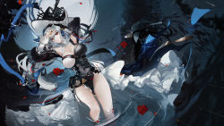 Rule 34 | 1girl, arknights, black dress, breasts, cleavage, clothing cutout, covered navel, dress, hat, highres, long hair, long sleeves, omone hokoma agm, partially submerged, pelvic curtain, red eyes, shoulder cutout, silver hair, solo, specter (arknights), specter the unchained (arknights), thighs