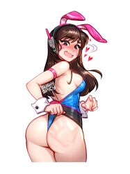 Rule 34 | 1girl, adjusting clothes, adjusting leotard, alternate costume, animal ears, artist name, ass, bare shoulders, blush, blushyspicy, breasts, brown eyes, brown hair, commentary, d.va (overwatch), embarrassed, english commentary, facepaint, facial mark, fake animal ears, from behind, headphones, leotard, long hair, looking at viewer, looking back, medium breasts, open mouth, overwatch, playboy bunny, rabbit ears, slap mark, solo, spanked, strapless, strapless leotard, wedgie, whisker markings, wrist cuffs