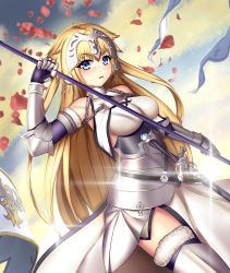 Rule 34 | 1girl, absurdres, armor, armored dress, bare shoulders, blonde hair, blue eyes, blush, breasts, chain, couter, detached sleeves, fate/apocrypha, fate/grand order, fate (series), gauntlets, headpiece, highres, jeanne d&#039;arc (fate), jeanne d&#039;arc (ruler) (fate), jeanne d&#039;arc (third ascension) (fate), long hair, looking at viewer, petals, solo, thighhighs, white thighhighs, yuuko takega