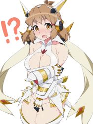 Rule 34 | !?, 1girl, breasts, cleavage, covering privates, covering crotch, embarrassed, gauntlets, headgear, kuro mushi, large breasts, looking at viewer, navel, orange eyes, revealing clothes, scar, scarf, senki zesshou symphogear, shiny skin, short hair, simple background, solo, standing, surprised, sweat, tachibana hibiki (symphogear), white background