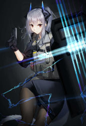 Rule 34 | 1girl, ammunition, arknights, black background, black pantyhose, black shirt, black skirt, body cam, closed mouth, commentary, dragon girl, dragon horns, dragon tail, electricity, english commentary, feet out of frame, glowing, gradient background, gun, handgun, highres, holding, holding gun, holding shield, holding weapon, horns, liskarm (arknights), looking at viewer, medium hair, miniskirt, pantyhose, pencil skirt, pistol, ponytail, raitho, red eyes, shield, shirt, signature, silver hair, simple background, skirt, solo, tactical clothes, tail, v-shaped eyebrows, weapon