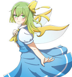 Rule 34 | 1girl, 584koyashi, ascot, blue skirt, blue vest, closed mouth, daiyousei, fairy wings, from side, green eyes, green hair, hand on own chest, highres, looking at viewer, short sleeves, side ponytail, skirt, smile, solo, touhou, vest, wings, yellow ascot