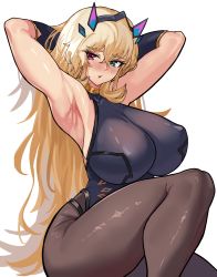 Rule 34 | 1girl, absurdres, armpits, arms behind head, arms up, bare shoulders, black dress, black gloves, blonde hair, blush, breasts, brown pantyhose, dress, elbow gloves, barghest (fate), barghest (second ascension) (fate), fate/grand order, fate (series), gloves, green eyes, heterochromia, highres, horns, huge breasts, large breasts, long hair, looking at viewer, loooyd, open mouth, pantyhose, red eyes, sideboob, sitting, solo, thighs