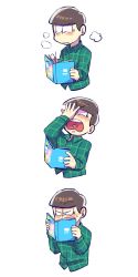 Rule 34 | 10s, 1boy, bad id, bad pixiv id, black hair, blush, bowl cut, covering face, covering own eyes, heart, heart in mouth, highres, magazine (object), male focus, matsuno choromatsu, multiple views, osomatsu-kun, osomatsu-san, osomatsu (series), plaid, plaid shirt, reading, sequential, shakata (syakatan), shirt, simple background, steam, upper body, white background