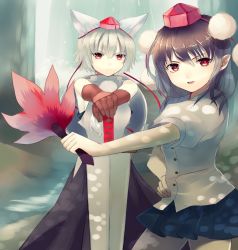 Rule 34 | 2girls, animal ears, bad id, bad pixiv id, bare shoulders, black hair, chirosuke, detached sleeves, female focus, gloves, hand on hilt, hand on own hip, hat, hip focus, inubashiri momiji, multiple girls, open mouth, outstretched arms, pointy ears, red eyes, shameimaru aya, shield, shirt, short hair, silver hair, skirt, smile, sword, sword rest, tokin hat, touhou, weapon, wolf ears