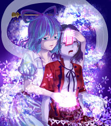Rule 34 | 2girls, akiraha (nankaugoita), blood, blood from mouth, blood on face, blue eyes, blue hair, breasts, cleavage, collarbone, colored eyelashes, dress, fang, floral background, glowing, glowing hand, hagoromo, hair ornament, hair rings, hair stick, kaku seiga, looking away, miyako yoshika, multiple girls, ofuda, open clothes, open mouth, open shirt, parted lips, puffy short sleeves, puffy sleeves, purple background, ribbon, shawl, shirt, short hair, short sleeves, skirt, touhou, underboob, vest