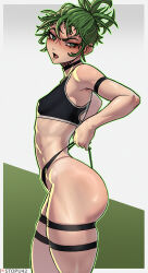 Rule 34 | 1girl, absurdres, alternate hairstyle, arm strap, ass, aura, black choker, black panties, black sports bra, blush, border, choker, commentary, cowboy shot, curly hair, curvy, english commentary, flat chest, from side, green background, green eyes, green hair, hair between eyes, highres, looking at viewer, lower teeth only, multiple thigh straps, one-punch man, open mouth, outside border, paid reward available, panties, patreon logo, patreon username, ponytail, raised eyebrow, shiny skin, short hair, skindentation, solo, sports bikini, sports bra, stopu, tatsumaki, teeth, thick eyebrows, thick thighs, thigh strap, thighs, thong, toned, topknot, two-tone background, underwear, wedgie, white background, white border, wide hips