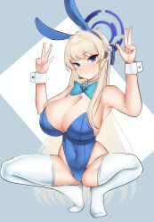 Rule 34 | absurdres, animal ears, aqua bow, aqua bowtie, blonde hair, blue archive, blue eyes, blue hair, blue leotard, bow, bowtie, braid, breasts, commentary request, crown braid, detached collar, double v, earpiece, fake animal ears, halo, highleg, highleg leotard, highres, large breasts, leotard, multicolored hair, partial commentary, playboy bunny, rabbit ears, squatting, strapless, strapless leotard, streaked hair, tf cafe, thighhighs, toki (blue archive), toki (bunny) (blue archive), v, white thighhighs, white wrist cuffs, wrist cuffs