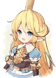 Rule 34 | 1girl, :d, blonde hair, blue dress, blue eyes, blush, charlotta (granblue fantasy), crown, dress, granblue fantasy, harvin, long hair, looking at viewer, meito (maze), mini crown, open mouth, pointy ears, puffy short sleeves, puffy sleeves, short sleeves, sidelocks, smile, solo, very long hair, white background