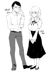 Rule 34 | 1boy, 1girl, absurdres, breasts, comic, family, glasses, greyscale, heel-less heels, highres, husband and wife, kaede (mmkeyy), large breasts, loafers, long hair, long sleeves, monochrome, original, pants, shirt, shoes, skirt, touhou, translation request