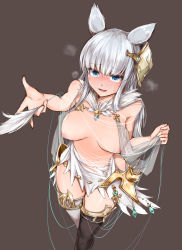 Rule 34 | 1girl, animal ears, asymmetrical legwear, black thighhighs, blue eyes, blunt bangs, blush, breasts, commentary request, elbow gloves, embarrassed, erune, gloves, gold trim, granblue fantasy, grey background, kappamaru, korwa, large breasts, long hair, looking at viewer, mismatched legwear, nipples, quill, reaching, reaching towards viewer, silver hair, simple background, solo, thighhighs, thread, unraveling, white thighhighs
