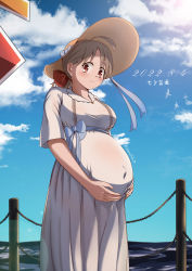 Rule 34 | 1girl, absurdres, bad id, bad pixiv id, big belly, blue bow, blush, bow, breasts, brown eyes, brown hair, brown hat, chinese commentary, cloud, dated, from side, hair bow, hat, hat bow, highres, looking down, medium breasts, ocean, original, parted bangs, ponytail, pregnant, red bow, sakuranohako, sky, smile, solo, sun hat