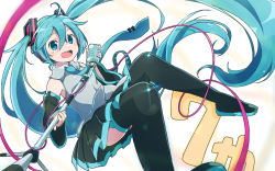 Rule 34 | 1girl, ahoge, aqua eyes, aqua hair, boots, detached sleeves, hatsune miku, korato, long hair, microphone, microphone stand, necktie, open mouth, skirt, solo, thigh boots, thighhighs, twintails, very long hair, vocaloid