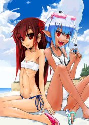 Rule 34 | 2girls, bandeau, beach, bikini, blue hair, camera, cloud, day, diving mask, flat chest, goggles, hair ribbon, long hair, multiple girls, nail polish, navel, ocean, one-piece swimsuit, outdoors, panties, pointy ears, ponytail, red eyes, red hair, ribbon, ribs, sandals, school swimsuit, side-tie bikini bottom, side-tie panties, sitting, skinny, sky, slippers, smile, snorkel, strapless, swimsuit, tan, tube top, twintails, underwear, white school swimsuit, white one-piece swimsuit, yamamoto canponi