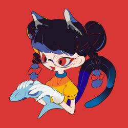 Rule 34 | 1girl, :3, animal, animal ears, black hair, bow, braid, cat ears, cat girl, cat tail, cropped torso, double bun, fang, fish, food, glasses, gloves, hair bow, hair bun, highres, holding, holding animal, holding fish, holding food, medium hair, multiple tails, nedoco, nekomata, open mouth, original, puffy short sleeves, puffy sleeves, red background, red bow, red eyes, shirt, short sleeves, simple background, solo, tail, twin braids, two tails, upper body, white gloves, yellow shirt