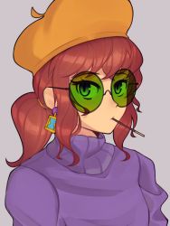 Rule 34 | 1girl, a hat in time, alternate costume, blue eyes, brown hair, closed mouth, earrings, fujimna, green-tinted eyewear, green-tinted glasses, hat kid, highres, jewelry, looking at viewer, aged up, purple sweater, round eyewear, short ponytail, sidelocks, solo, sunglasses, sweater, tinted eyewear, turtleneck, turtleneck sweater, upper body