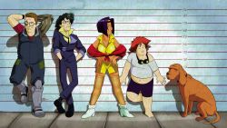 Rule 34 | 1girl, 4boys, barefoot, bobby hill, breasts, character request, cosplay, cowboy bebop, dale gribble, dog, edward wong hau pepelu tivrusky iv, edward wong hau pepelu tivrusky iv (cosplay), fat, fat man, faye valentine, faye valentine (cosplay), full body, glasses, goggles, goggles around neck, hands in pockets, hands on own hips, hank hill, height chart, height comparison, highres, jacket, jet black, jet black (cosplay), king of the hill, midriff, multiple boys, parody, prosthesis, prosthetic arm, red jacket, shorts, spike spiegel, spike spiegel (cosplay), standing, thighhighs