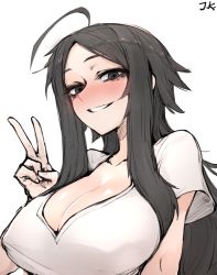 Rule 34 | + +, 1girl, ahoge, bad id, bad pixiv id, black eyes, black hair, blush, breasts, cleavage, j.k., large breasts, long hair, looking at viewer, parted bangs, parted lips, purple eyes, shirt, short sleeves, signature, simple background, smile, solo, upper body, white background, white shirt