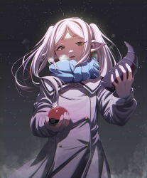 Rule 34 | 1girl, blue scarf, breath, coat, commentary request, earrings, floating earring, frieren, green eyes, highres, holding, holding poke ball, jewelry, long hair, long sleeves, open mouth, parted bangs, pointy ears, poke ball, poke ball (basic), scarf, solo, sousou no frieren, sparkle, star (symbol), starry background, symbol world, twintails, white coat, white hair