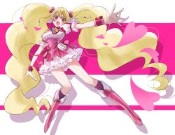 Rule 34 | blonde hair, blush, boots, commentary request, cure peach, dress, fresh precure!, frilled dress, frills, hair ornament, heart, highres, long hair, open mouth, outstretched hand, precure, puffy sleeves, red eyes, ribbon, sakumupre5, simple background, twintails, very long hair, wrist ribbon