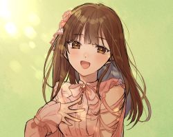 Rule 34 | 1girl, :d, blush, bow, bowtie, brown eyes, brown hair, chisumi, commentary, dress, english commentary, green background, hand on own chest, idolmaster, idolmaster cinderella girls, long hair, long sleeves, looking at viewer, mizumoto yukari, open mouth, pink bow, pink bowtie, pink dress, simple background, smile, solo